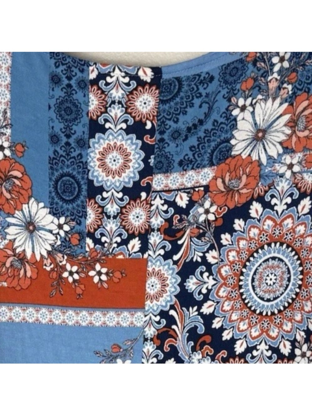 Ruby Rd Tunic Top Sz Large Blue Orange Floral Patchwork Boho 3/4 Sleeves Stretch - Picture 6 of 7